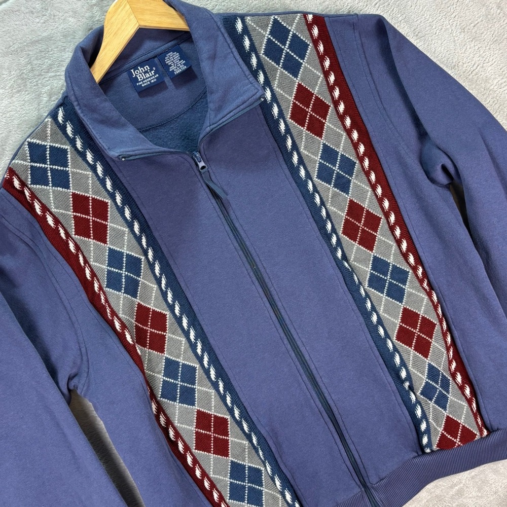 John Blair‎ Mens Argyle Knit Panel Zip Fleece Jacket Blue Burgundy Sz XL Dadcore